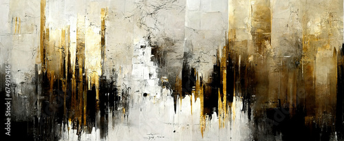 Generative AI, White, golden and black watercolor abstract painted background. Ink black street graffiti art on a textured paper vintage background, washes and brush strokes. 