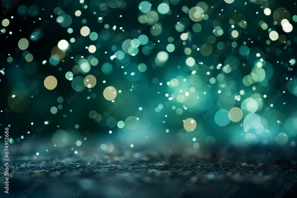 Green and blue bokeh background with shimmering Christmas lights. Fantasy night glitter sparkles. Generative AI
