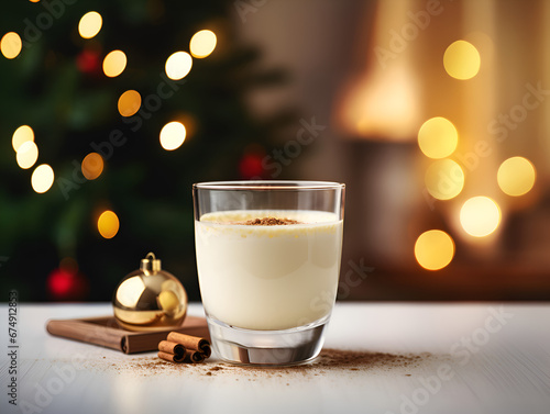 A glass of a traditional Christmas drink eggnog with cinnamon on table, blurred background with lights 