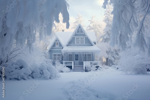 The house covered in a thick blanket of snow. Snow covered suburban cottage. Generative AI