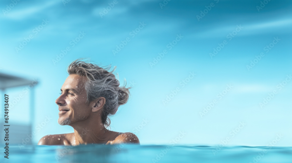 Cheerful man resting in luxury swimming pool. Zero level, sky background.