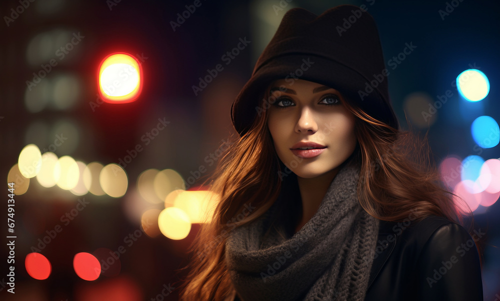 Beautiful woman in night city looking at camera Beautiful woman in night city looking at camera
