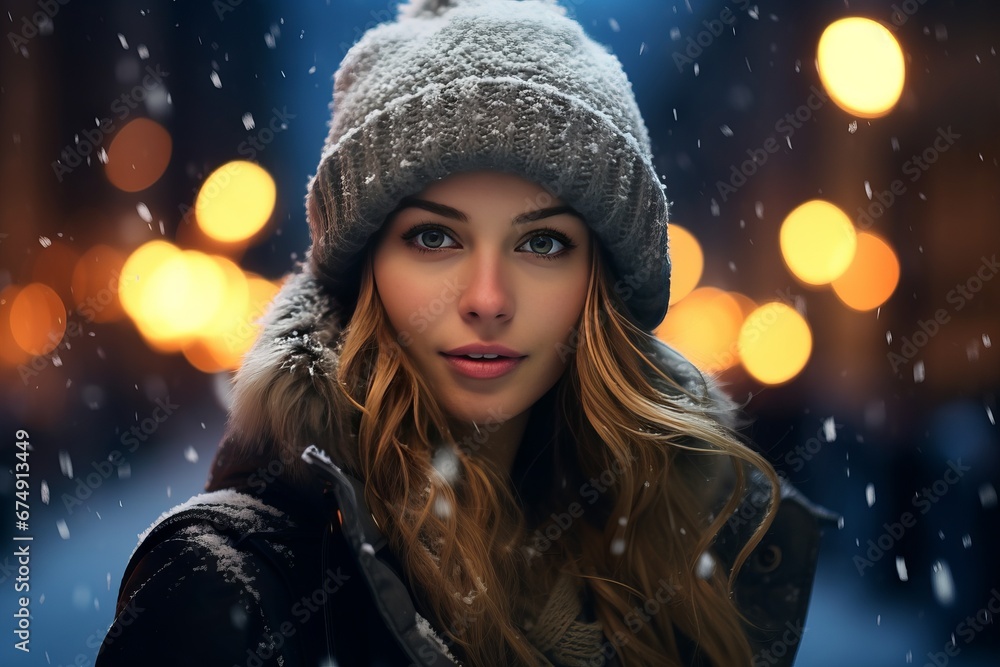 Beautiful woman in night city looking at camera Beautiful woman in night city looking at camera