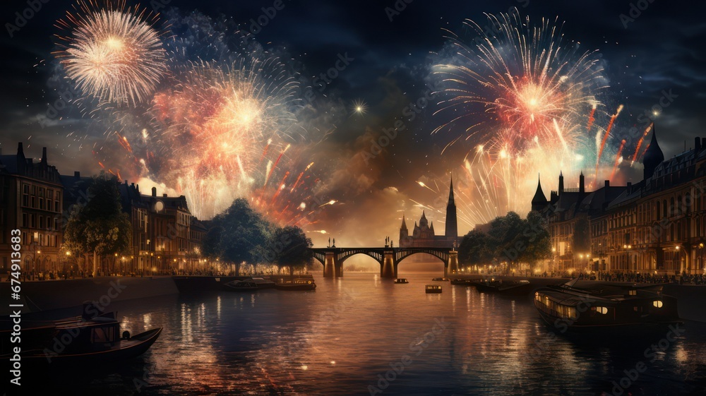 Fireworks on silvester on city background with river and ship created with Generative AI Fireworks on silvester on city background with river and ship created with Generative AI