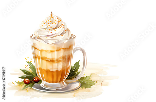 Watercolor illustration of eggnog drink in a glass with whipped cream on top, isolated on white background 