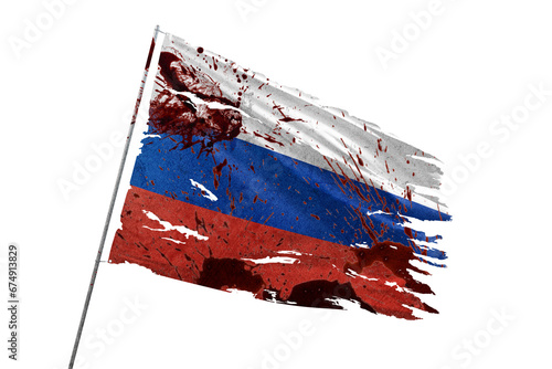 Russia torn flag on transparent background with blood stains.