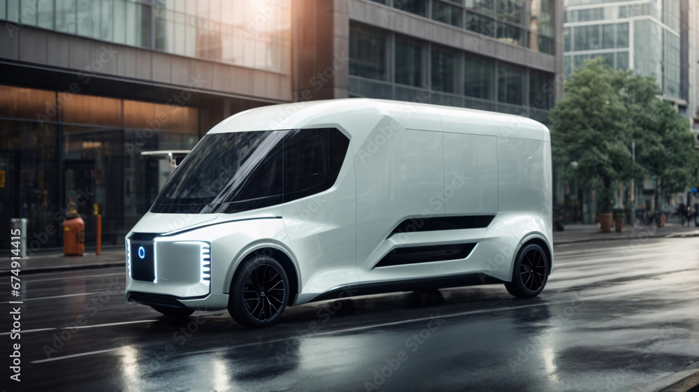 Side view of white modern electric delivery car on the street in city. Concept of eco-friendly transport and sustainable energy. Side view of white modern electric delivery car on the street in city. Concept of eco-friendly transport and sustainable energy.