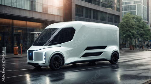 Side view of white modern electric delivery car on the street in city. Concept of eco-friendly transport and sustainable energy.