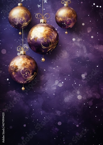 Christmas balls with purple and Gold colors and Golden Ornaments on purple background. illustration. For banners  posters  advertising. AI generated.