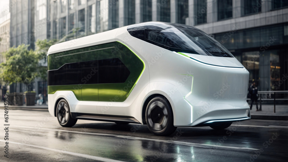 Side view of white modern electric delivery car on the street in city. Concept of eco-friendly transport and sustainable energy. Side view of white modern electric delivery car on the street in city. Concept of eco-friendly transport and sustainable energy.