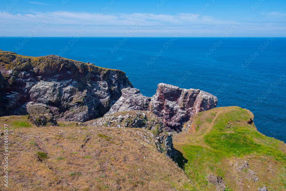 Fototapeta premium St. Abbs Head coastal cliffs aerial view in summer near village of St. Abbs, Berwickshire, Scotland, UK. 