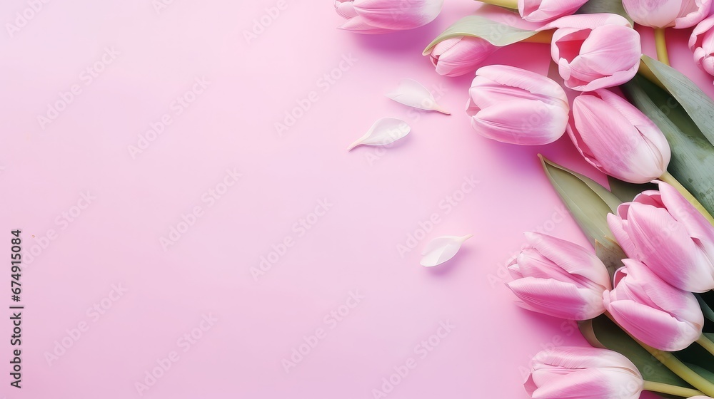 Pink Tulips: Feminine Floral Wallpaper and Greeting Card in Flat Lay Style. Perfect for Mother's Day Sale. Female, Flat Lay Flowers with Copyspace, Ideal for Banners.