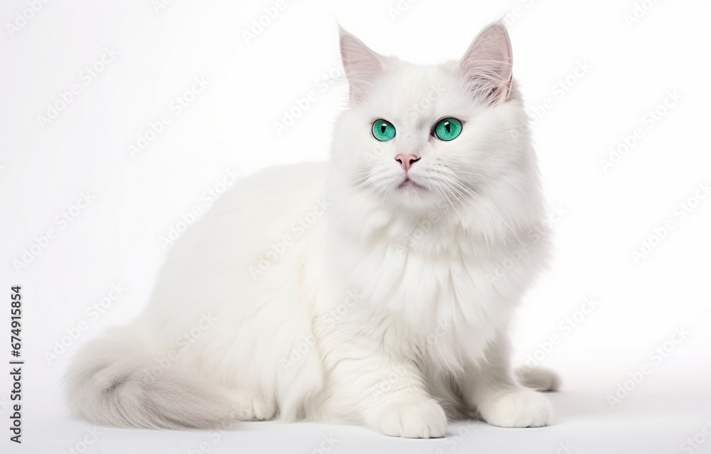 Adorable white cat on white background for pet vet card design