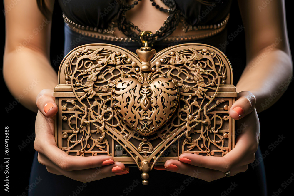 female hands holding a luxurious jewelry box - obrazy, fototapety, plakaty 