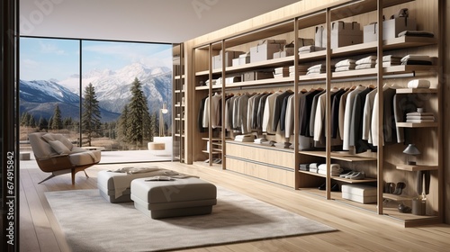 3d rendering luxury scandinavian wood walk in closet with wardrobe and make up table