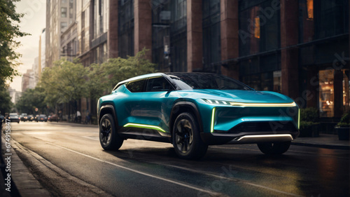 Side view of brand new  electric crossover on a city street. Concept of eco-friendly transport and sustainable energy. © Svitlana