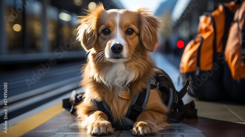 A dog with a backpack sits on the platform, looking at the approaching train, concept: travel and movement with animals in transport © Marynkka_muis