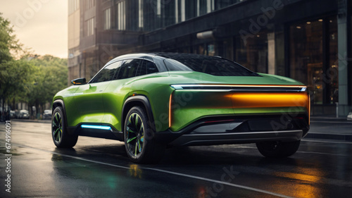 Side view of brand new  electric crossover on a city street. Concept of eco-friendly transport and sustainable energy. photo