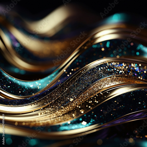 Glitter Emerald Golden Wave Stripes Design. Shiny moving lines design element background 