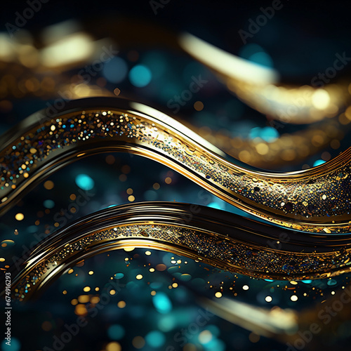 Glitter Emerald Golden Wave Stripes Design. Shiny moving lines design element background 