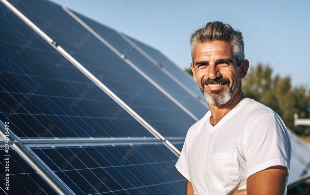 Smiling mature man is standing near a solar panel