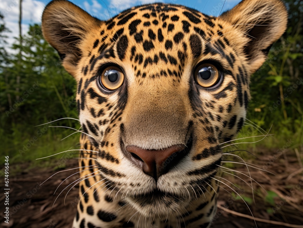 Obraz premium Close-up of a funny leopard looking at the camera. The animal in its natural environment. Natural background. Illustration for cover, postcard, interior design, banner, brochure, etc.