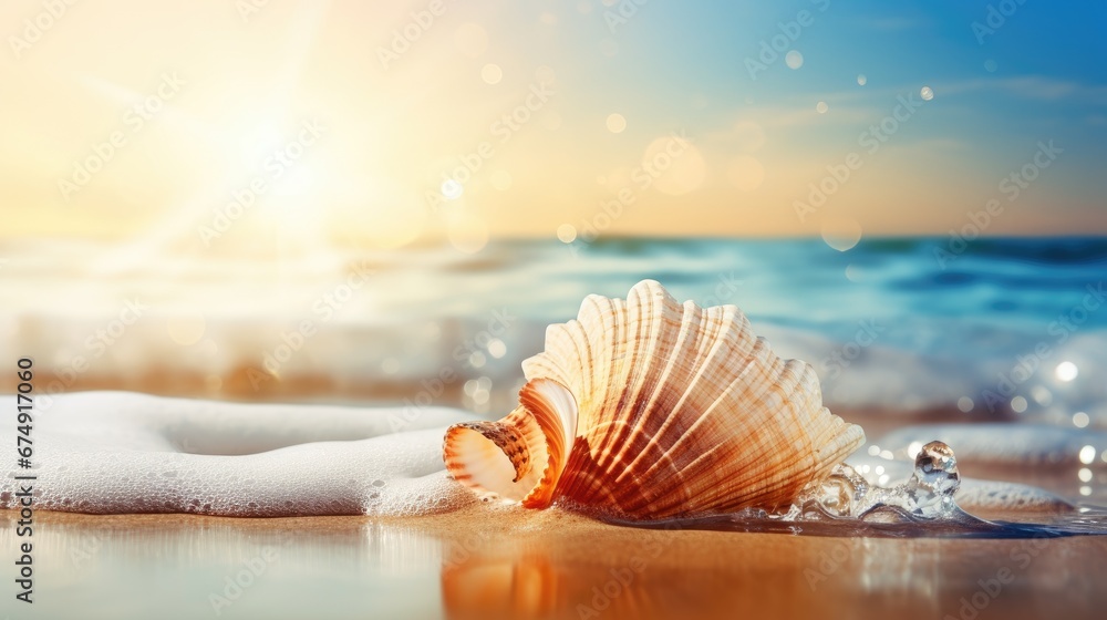 One seashell shell lies on the sandy shore of the sea or ocean at sunset of the day. Illustration for cover, card, postcard, interior design, banner, poster, brochure or presentation. One seashell shell lies on the sandy shore of the sea or ocean at sunset of the day. Illustration for cover, card, postcard, interior design, banner, poster, brochure or presentation.