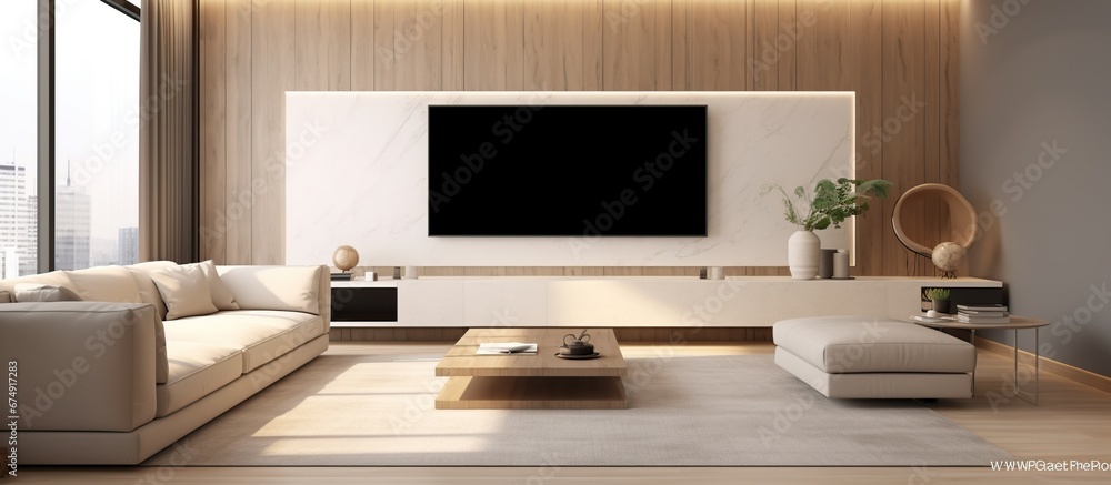 3D Rendering : illustration of modern television hanging on wall in big living room. LED SMART TV hanging with clipping path. front of soft couch sofa. hard light shining into the house. daylight.