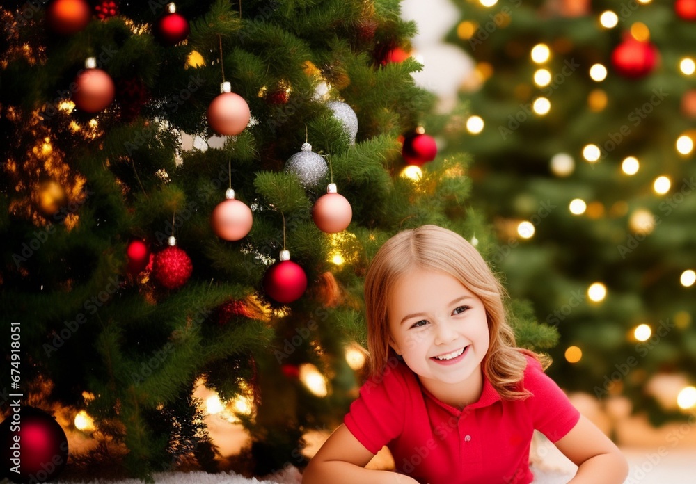 A happy smiling young girl by a christmas tree with beautiful decorations and lights on A happy smiling young girl by a christmas tree with beautiful decorations and lights on