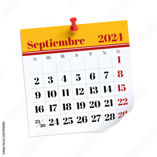 September Calendar 2024 in Spanish Language. Isolated on White Background. 3D Illustration