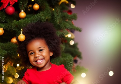 A happy smiling black child near a christmas tree with beautiful decorations and lights on 