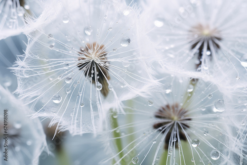Dandelion seeds with water drops close up. Natural background.
