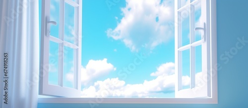 3d illustration of an open window against a blue wall  sunshine over blue sky outside the window