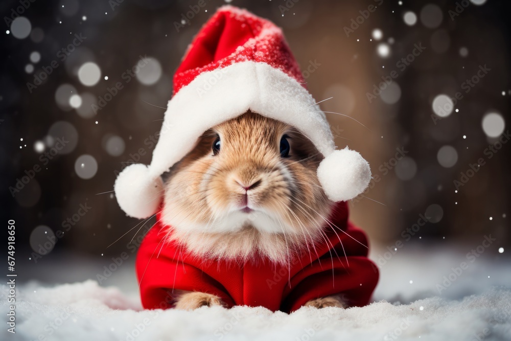 Cute bunny in a Santa suit on a christmas background. New Year and Christmas holidays concept Cute bunny in a Santa suit on a christmas background. New Year and Christmas holidays concept
