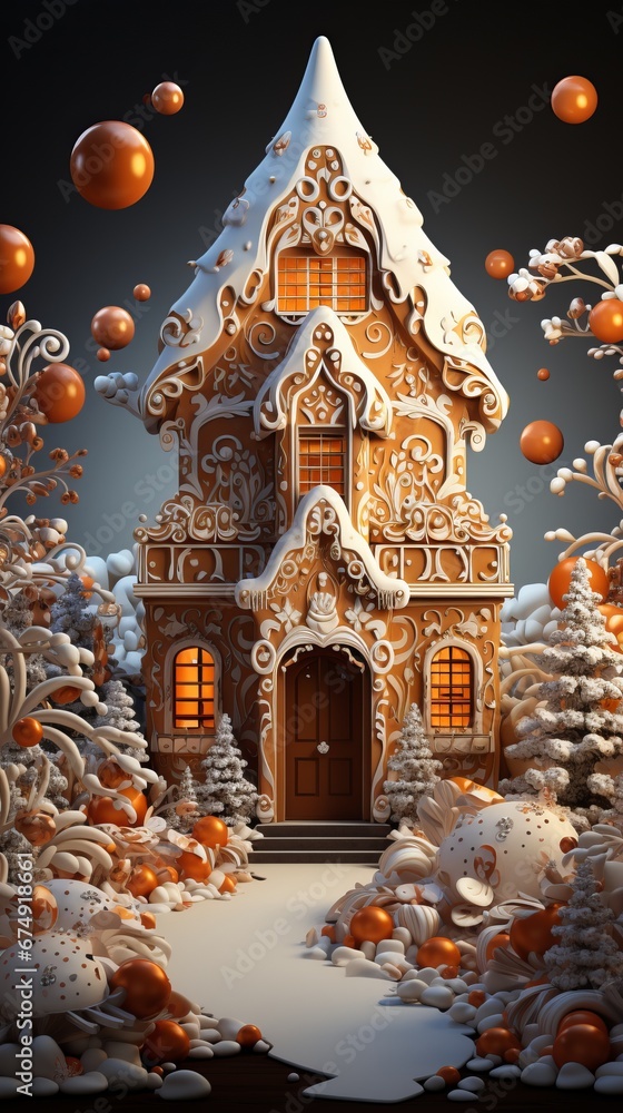 Fototapeta premium Festive gingerbread house made from honey and ginger dough with rich patterns and floral motifs, a fairy tale house traditional for Christmas markets