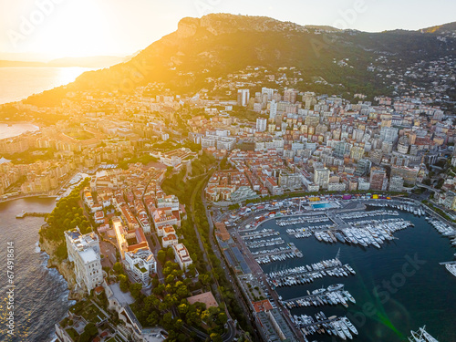 Sunset view of Monaco, a sovereign city-state on the French Riviera, in Western Europe, on the Mediterranean Sea