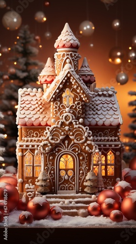 Festive gingerbread house made from honey and ginger dough with rich patterns and floral motifs, a fairy tale house traditional for Christmas markets