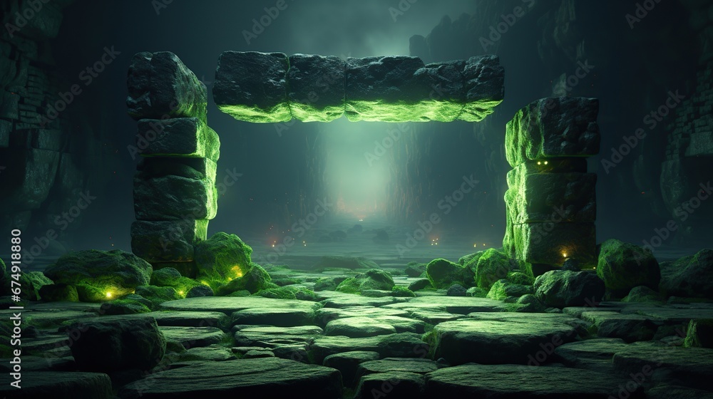 Abstract neon green background with glowing square frame and cobblestone rocks ruins. Showcase scene with platform for product presentation, site banner 3d render, glowing light abstract rocks