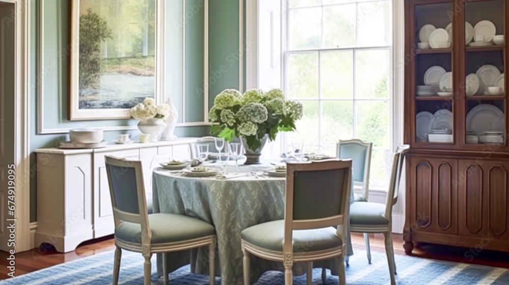 Dining room decor, interior design and house improvement, elegant table with chairs, furniture and classic blue home decor, country cottage style