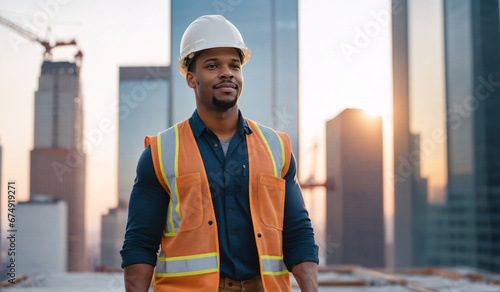construction worker with helmet, standing on building, cityscape, skycraper, laborer, workman, operator, hand, blue-collar worker, construction site, bokeh, blurred background, lensflare, safety photo