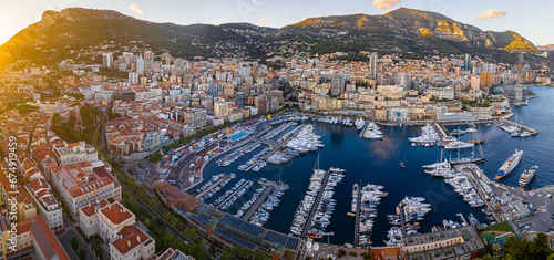 Sunset view of Monaco, a sovereign city-state on the French Riviera, in Western Europe, on the Mediterranean Sea