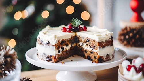 Christmas cake, holiday recipe and home baking, pudding with creamy icing for cosy winter holidays tea in the English country cottage, homemade food and cooking