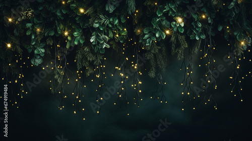 Elegant Green Christmas Garland on Textured, Vintage Dark Green Background with Moody Lighting and Twinkle Lights - Holiday Xmas Theme in Horizontal Layout  © AnArtificialWonder