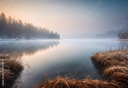 long exposure photo of a lake in fogging winter morning light. generative ai
