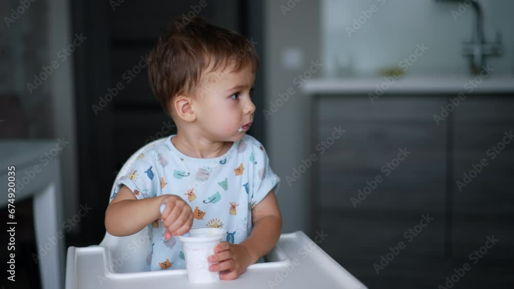 Calm quiet baby boy sitting at high chair holding a spoon in a cup and looking aside. Lovely toddler eating yogurt. Calm quiet baby boy sitting at high chair holding a spoon in a cup and looking aside. Lovely toddler eating yogurt.