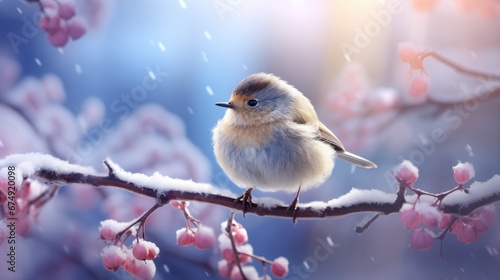 Cute bird on a tree branch in winter background, photorealistic compositions, white, ethereal, meditative color contrasts