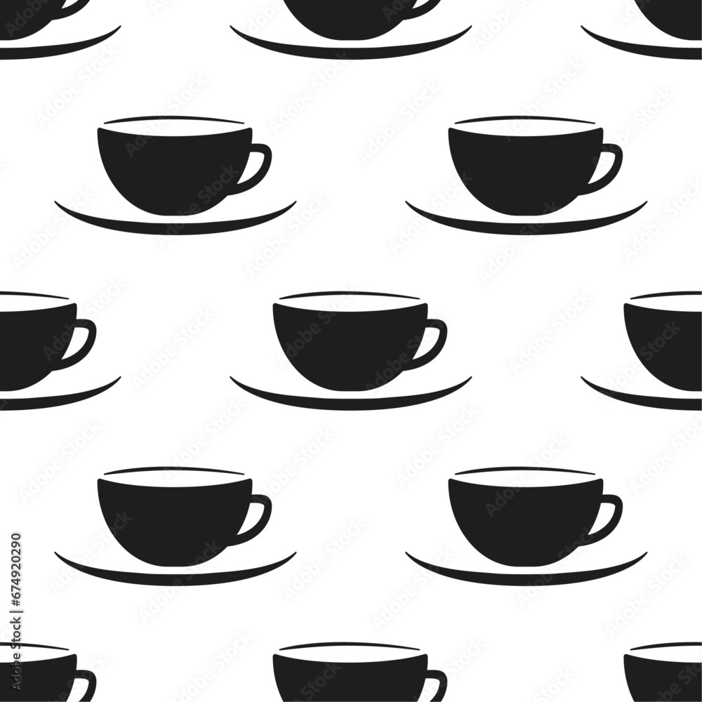 Black cups on white background vector seamless pattern. Best for textile, cafe decor, wallpapers, wrapping paper, package and your design. Black cups on white background vector seamless pattern. Best for textile, cafe decor, wallpapers, wrapping paper, package and your design.