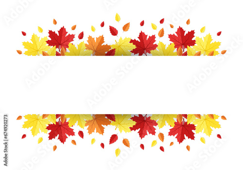 Vector paper cut horizontal banner with copy space. Red  yellow and orange autumn leaves on white background.