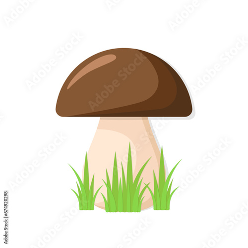 Porcini mushroom vector flat illustration. Stylized white mushroom with brown cap in green grass on white background.