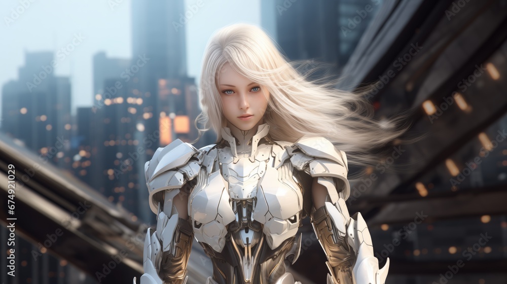 Obraz premium Portrait of A young girl with white hair, Mechanical exosuit style, Dressed in a splendid, futuristic mechanical combat suit, golden hour, Glorious mecha-style wings